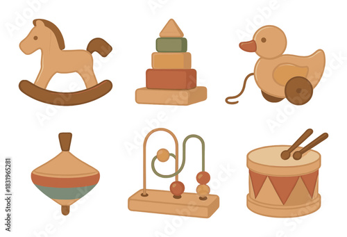 Vintage wooden toys collection with horse, blocks, duck, top, bead maze, and drum