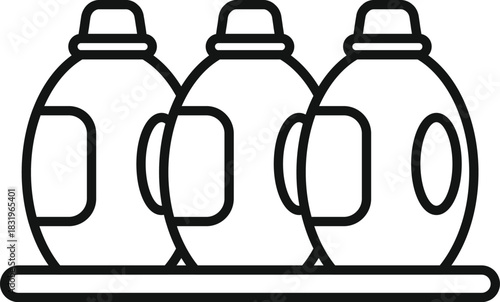 Row of three household cleaning product bottles, line art on white background