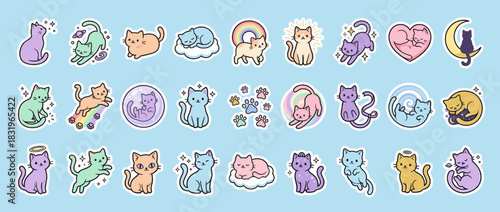 Cute cat icon set. containing sleeping, paw, heart, rainbow, bubble, moon, angel, cloud, flower, crystal. Vector collection