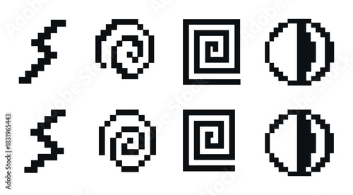 Geometric symbols set on olive background with pixel art design