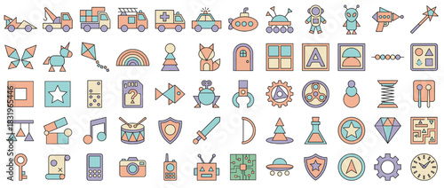 Creative icon set. containing vehicle, robot, weapon, door, musical, art, game, science, nature, geometric and more. Vector collection