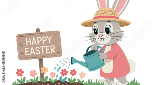 Cute cartoon bunny wearing a straw hat watering colorful flowers next to a happy easter sign
