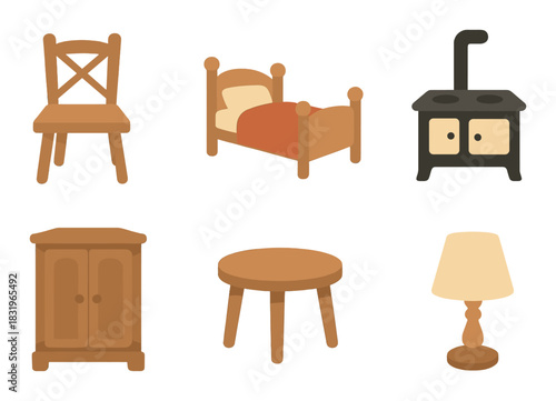 Cozy rustic furniture set with chair, bed, stove, cabinet, table, and lamp