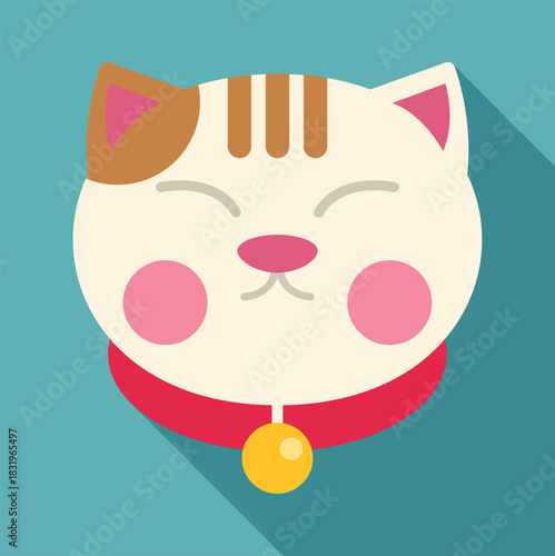 Maneki neko head with closed eyes wearing a red collar and golden bell cartoon