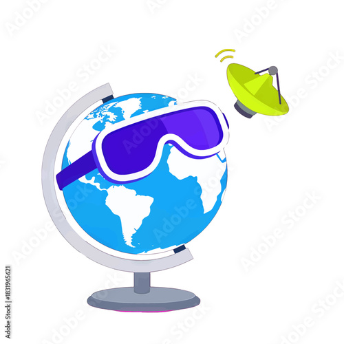 Globe with sunglasses and satellite orbiting around it