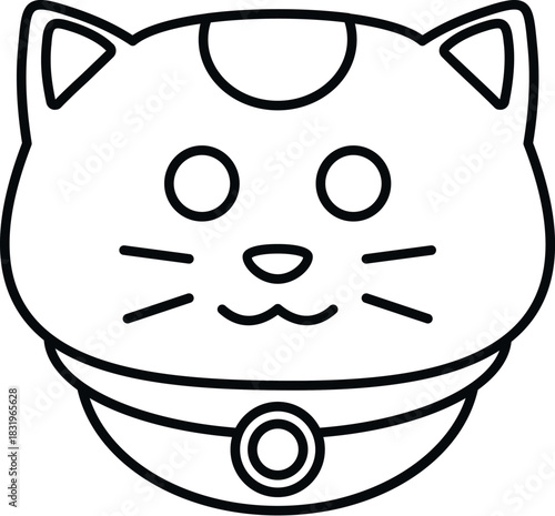 Japanese lucky cat head line art smiling, wearing a simple collar