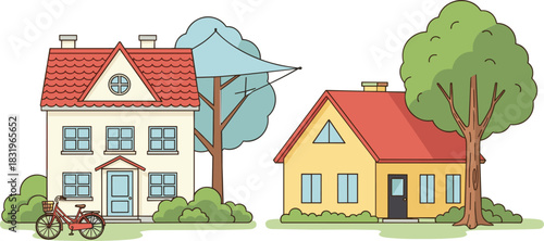 Cartoon Suburban House Scene with Cozy Homes Trees Bicycle and Garden Colorful Flat Vector Illustration