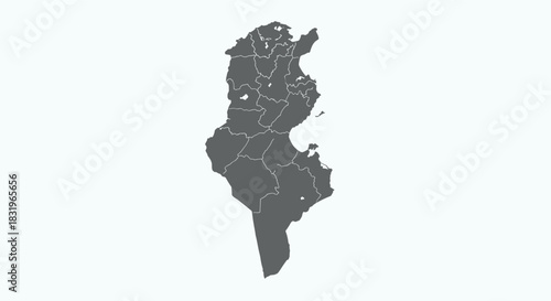 Detailed map of tunisia with provincial borders in gray silhouette style