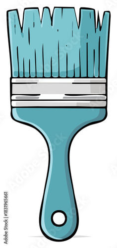 Cartoon style illustration of a paint brush with blue bristles and handle