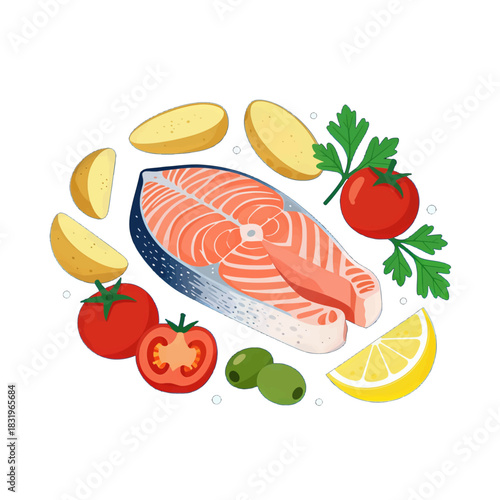 Fresh salmon fillet with vegetables and lemon slice