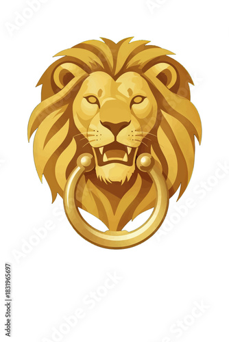 Golden lion head door knocker isolated