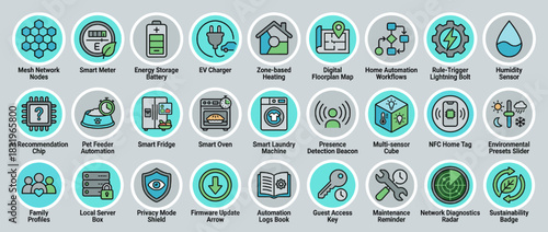 Home automation and smart system icon set. includes energy, battery, charger, heating, map, sensor, ai, and more. Vector collection