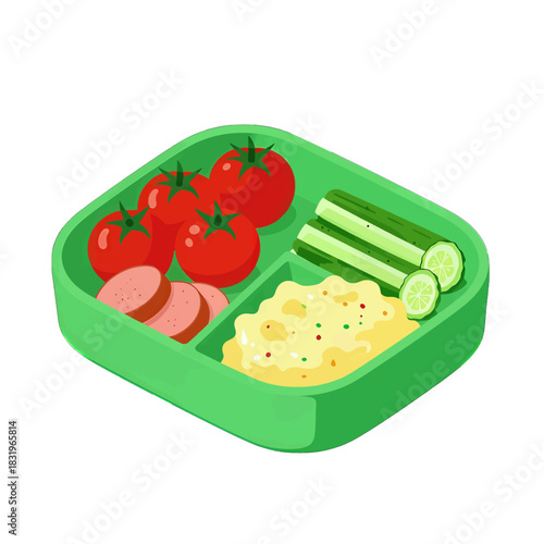 Green lunch box with tomatoes, sausage, and scrambled eggs