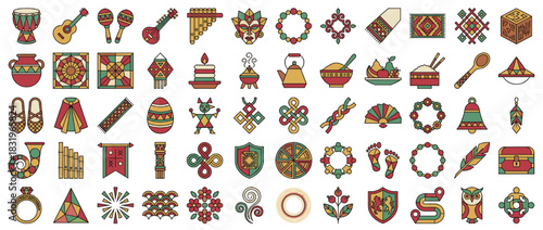 Ethnic culture icon set. containing guitar, mask, fan, drum, necklace, tambourine, owl, ceramics, sandals, and more. Vector collection