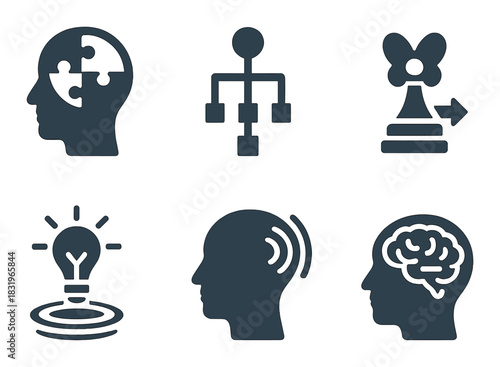 Abstract icons representing mind, structure, strategy, innovation, communication, intelligence