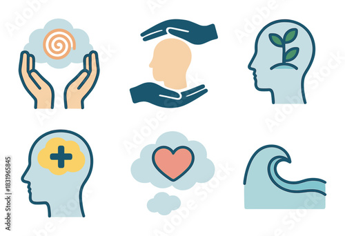 Mental health symbols: mindfulness, support, growth, healing, compassion, calmness