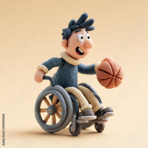 A man in a wheelchair is holding a basketball. He is smiling and he is enjoying himself