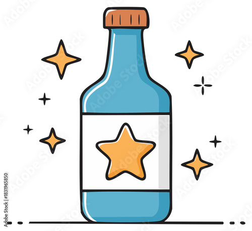 Cartoon Bottle of Magic Potion with Star Label, Sparkling Decorations, and a Light Blue Container