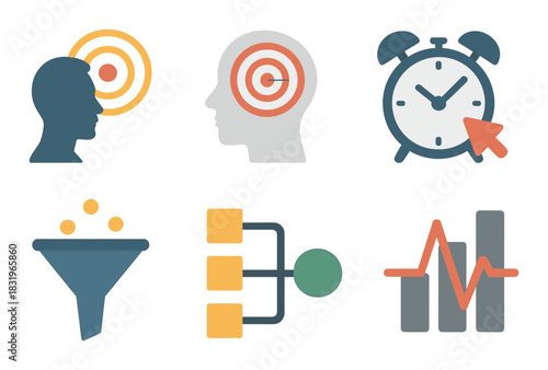 Conceptual infographic: target, clock, funnel, flowchart, and graph symbols