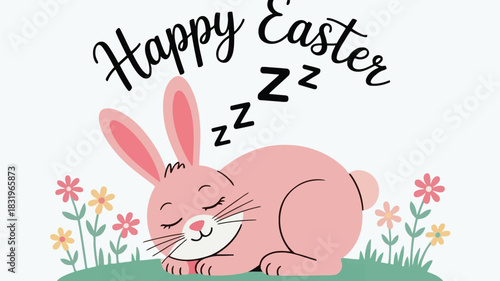 Cute pink bunny sleeping peacefully with zzz symbols and happy easter text surrounded by flowers