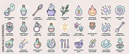 Mystical icon set: potion, crystal, cauldron, rune, flame, swirl, aura, spark, elixir, spell, tonic. Vector collection