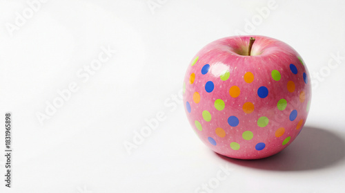 Vibrant Pink Apple with Colorful Polka Dots. High-Key Studio Photography of Pop Art Fruit Decoration