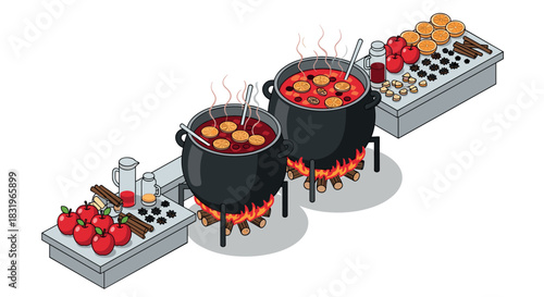 Cozy autumn beverage cooking scene with mulled wine in isometric style