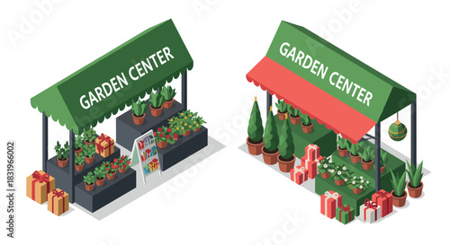 Isometric garden center stalls with holiday gifts and plants display