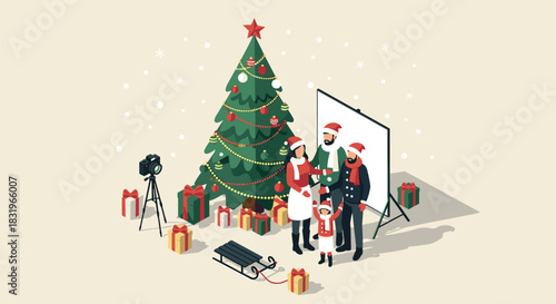 Family holiday photo op in festive setting with christmas tree and gifts