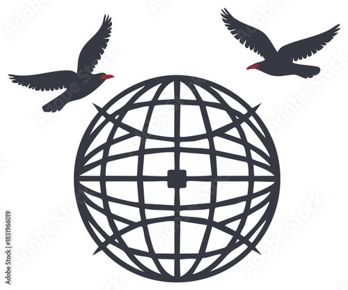 Birds fly over a globe silhouette illustration, symbol of freedom and connections