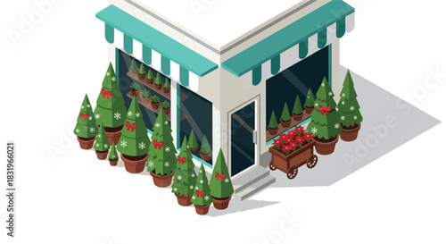 Festive christmas tree shop in isometric 3d with holiday decor and winter plants