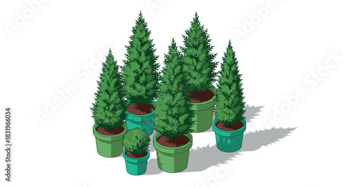 Isometric evergreen trees in green planters on white background with shadows