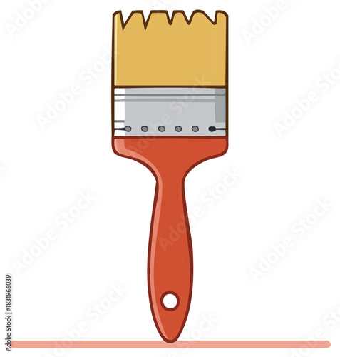 Flat paint brush with red handle and yellow bristles ready for painting a line
