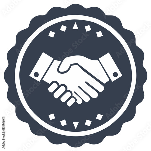 Icon of handshake inside a circular badge. Symbol of agreement and partnership.