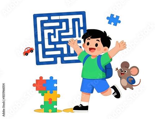 Happy boy solving maze puzzle with playful mouse and toys