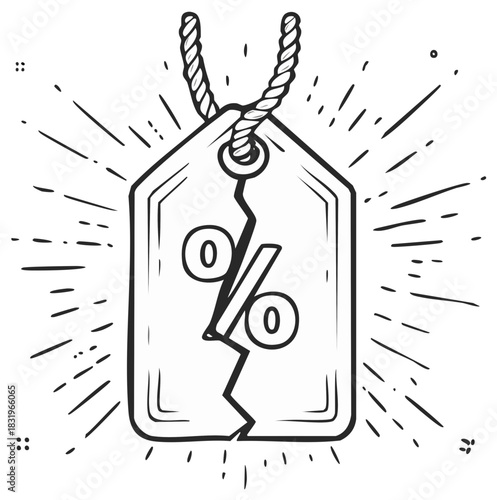 Hand drawn cracked price tag with a broken percentage symbol representing discounts or failed sales