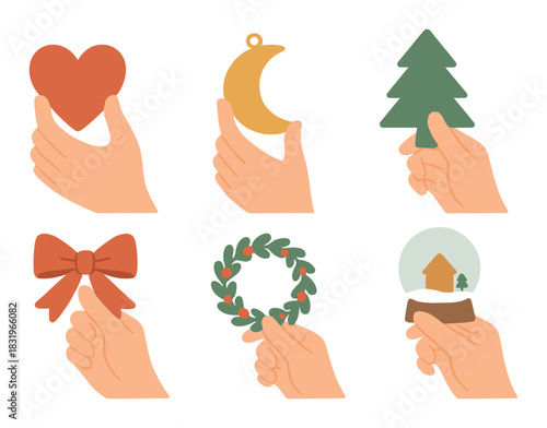 Hands holding holiday symbols: heart, moon, tree, bow, wreath, snow globe