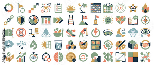 Productivity and wellness icon set: clock, shield, ladder, book, puzzle, cloud, sun, chart, graph, plant, paintbrush. Vector collection
