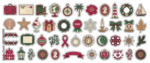 Holiday and seasonal icon set. featuring gift, candle, ornament, bow, lighthouse, ship, wreath, candy, and more. Vector collection