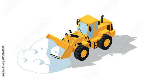 Isometric yellow bulldozer pushing snow on construction site