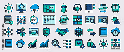 Business and technology icons set. featuring api, automation, security, time, approval, cloud, networking and more. Vector collection