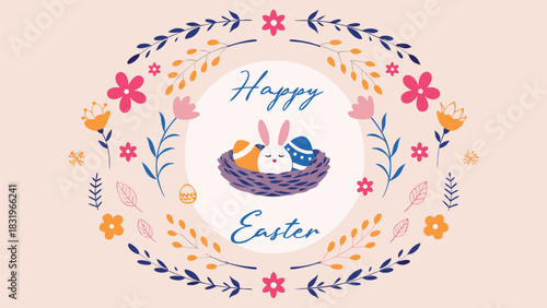 Happy easter greeting card with a cute bunny nestled in a basket with colorful eggs surrounded by a floral wreath and delicate spring flowers