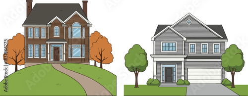 Cartoon Suburban Houses Set with Modern Family Homes Exterior Architecture Colorful Flat Vector Illustration Isolated