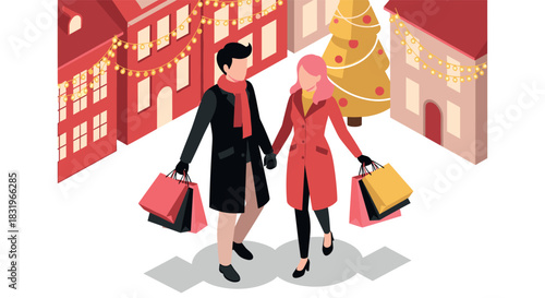 Festive shopping scene with couples celebrating during holiday season in winter town