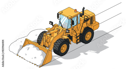 Isometric heavy machinery: yellow wheel loader moving snow on construction site