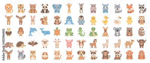 Animal icon set. containing lion, tiger, panda, fox, zebra, rabbit, owl, owl, dolphin, turtle and more. Vector collection
