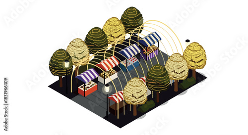 Autumn city market isometric scene with colorful stalls and golden trees