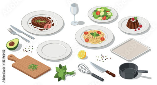 Isometric dining: gourmet dishes and ingredients in a modern kitchen scene