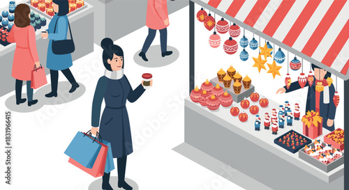 Christmas market shopping scene with festive decorations in winter isometric style