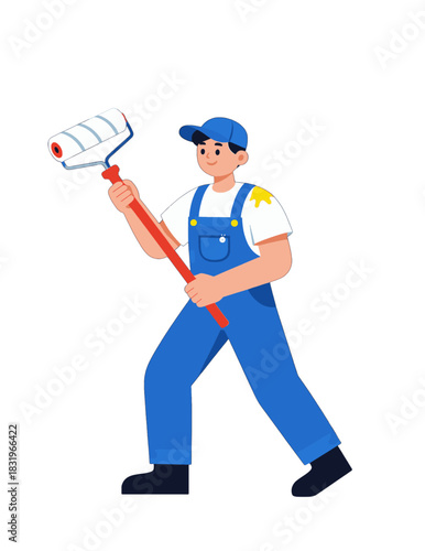 Happy painter holding roller in blue overalls